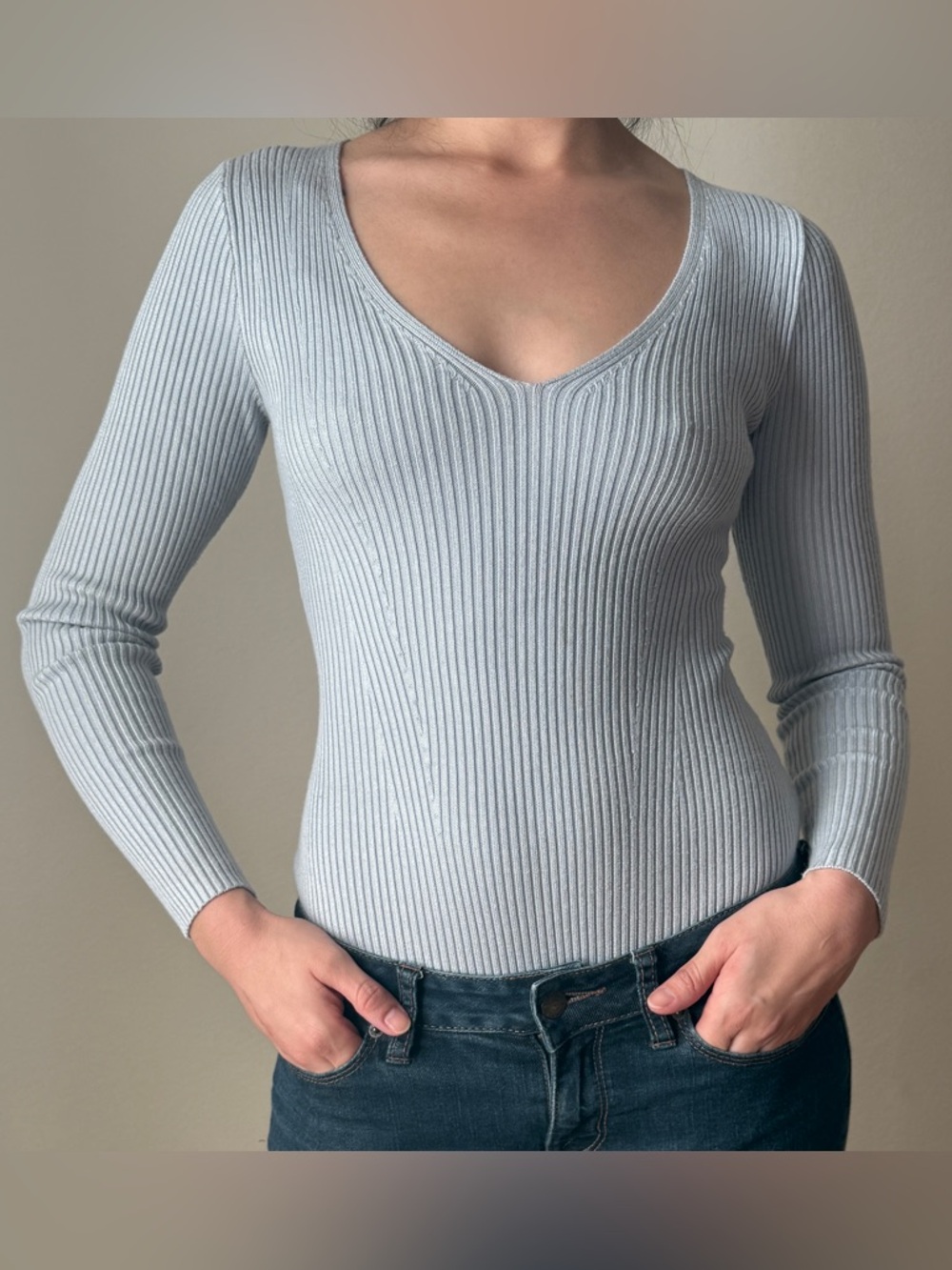 Abercrombie & Fitch Light Gray Blue Ribbed V-Neck Sweater Bodysuit